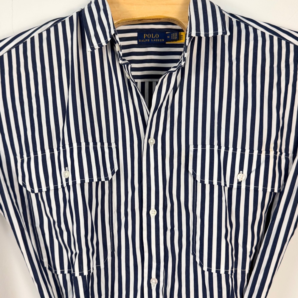 Polo Ralph Lauren Shirt Dress Womens 16 Navy White Stripe Poplin Belted Midi - Picture 8 of 10